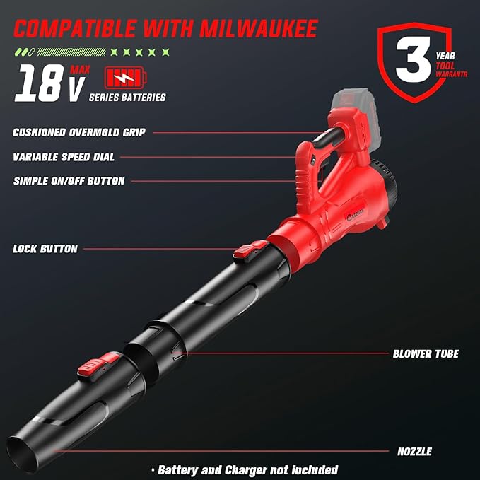 Brushless Leaf Blower for Milwaukee M18 Battery, 6-Speed Adjustable, 600CFM/190MPH(Max), Lightweight(2.6LBS) Leaf Blower for Yard, Patio, Garden, Grass(Tool only)