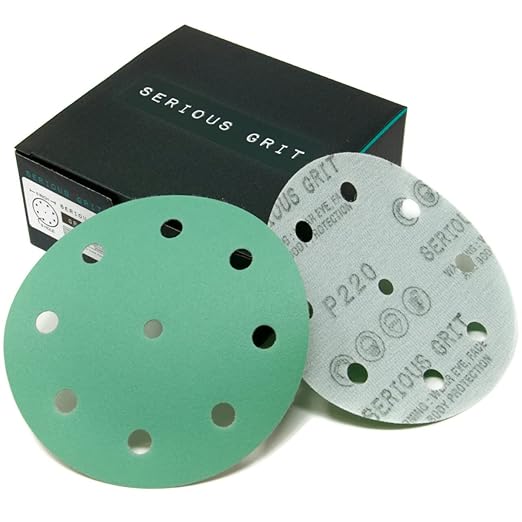 Serious Grit - 5-Inch 9-Hole 220 Grit Sanding Discs - Heavy-Duty Hook & Loop Film Discs - Sandpaper for Random Orbital Sanders - 50 Pack Box