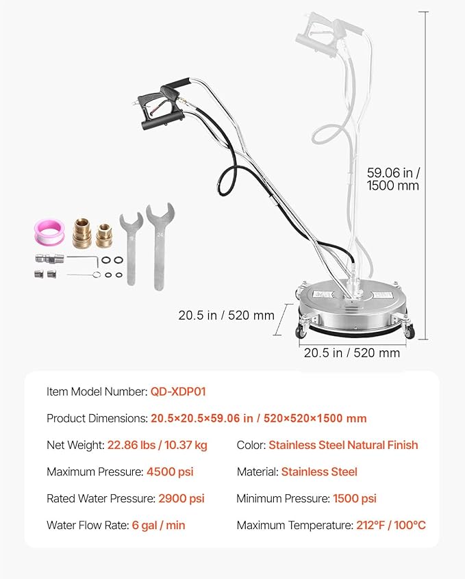 VEVOR 20" Pressure Washer Surface Cleaner, Stainless Steel Pressure Washer Attachments with 4 Wheels, 4500 Max PSI, 3/8 Quick Connector, 2 Spray Nozzles, Dual Handle, for Concrete, Patio, Sidewalk