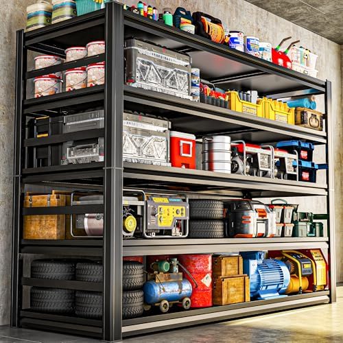 Heavy Duty Metal Garage Shelving Unit, 5 - Tier Adjustable Storage Shelves, 3000LBS for Garage & Basement, Kitchen and Pantry Industrial Steel Rack, Ideal for Tool Organization & Storage, Black,73"H