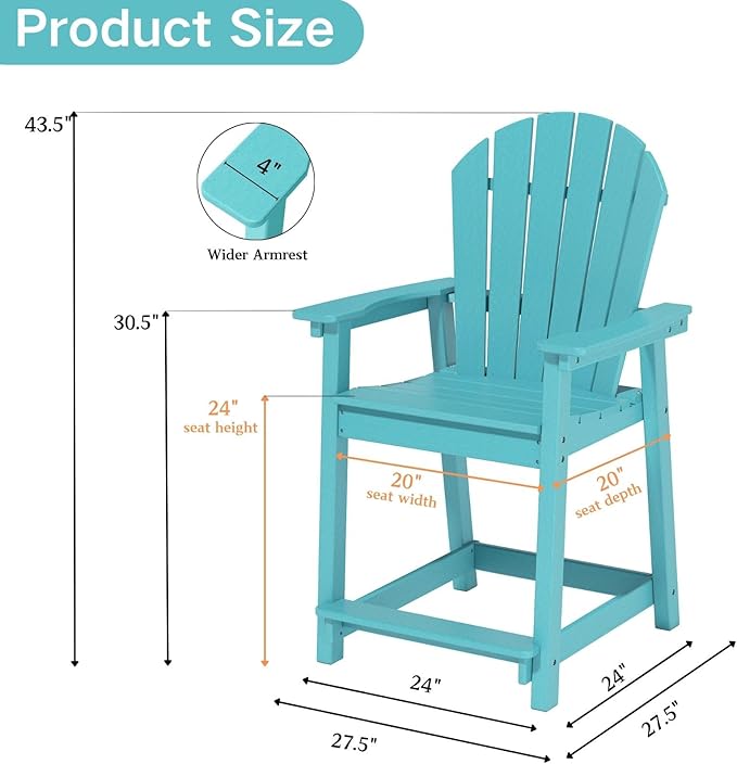 OTSUN Tall Adirondack Chair, HDPE Outdoor Chair for Garden, Backyard, Poolside, Capacity 400LBS (1 PC, Aruba Blue)
