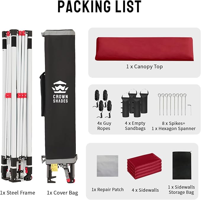 CROWN SHADES 10X10 Comercial Instant Canopy Pop Up Tent with Center Lock (10x10 with 4 Sidewalls, Red)