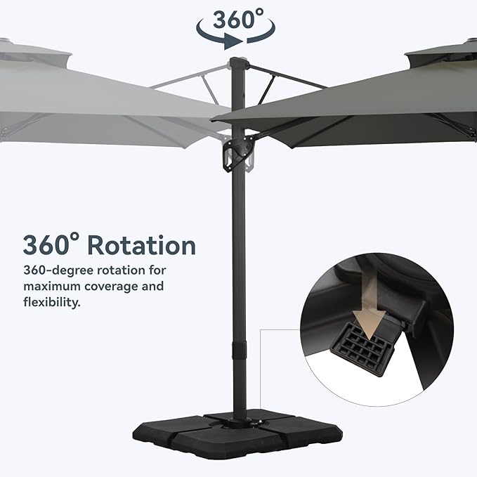 GREEN PARTY 12x9 ft Cantilever Patio Umbrella, Rectangle Offset Outdoor Umbrellas with 360° Rotation, 5-Year-Non-Fading Hanging Pool Umbrella for Garden Deck Poolside - Grey