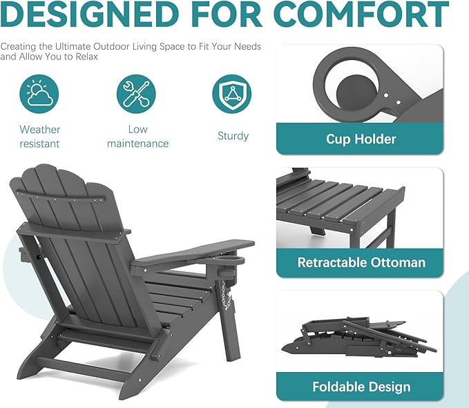 FOOWIN Adjustable Adirondack Chair with Retractable Ottoman Set of 2, Folding Adirondack Chair with Cup Holder, HDPE All-Weather Fire Pit Chair for Patio, Yard, Poolside, Grey