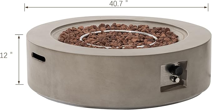 SUNBURY Outdoor 42" Propane Fire Pit Table, 50000 BTU Gray Patio Fire Table, Concrete Round Gas Fire Table w Lava Rocks