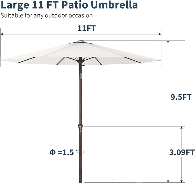 PatioKingdom 11FT Patio Umbrella,Outdoor Umbrella with Push Button Tilt and Crank,Market Table Umbrella with 8 Sturdy Fiberglass Ribs UV Protection(Creamy-white, 11FT)