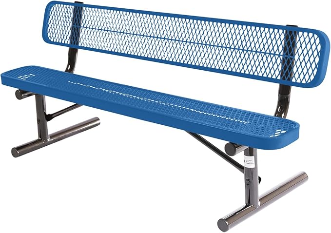 COATEDOUTDOORFURNITURE Heavy-Duty Portable Outdoor Bench Thermoplastic Coated, Expanded Metal, Commercial-Grade Seating, Made in America (Portable with Back, 6 Ft, Textured Light Blue)