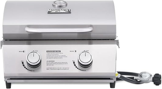 Monument Grills Tabletop Propane Gas Grill for Outdoor Portable Camping Cooking with Travel Locks, Stainless Steel High Lid, and Built in Thermometer