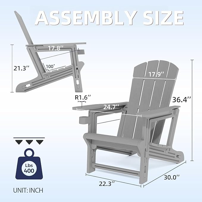 Adirondack Chair Set of 2, All Weather Plastic Adirondack Chairs, Fire Pit Chairs with Cup Holder, Outdoor Lawn Chair for Patio, Garden, Backyard, Grey