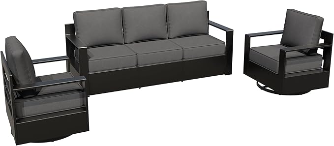 Aluminum Patio 79" Sofa Set with 2 Swivel Rocker Chairs, All Weather Outdoor Conversation Furniture with Metal Armrest & 6" Removable Cushions & Furniture Covers for Deck (Grey)