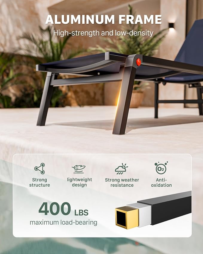 Aluminum Patio Chaise Lounge Chair Set of 2 with Side Table,5-Position Adjustable Backrest,Foldable Lounge Chair Outdoor,Pool Lounge Chairs for Poolside,Lawn,Deck,Beach (Navy Blue, 2 Pack+Table)