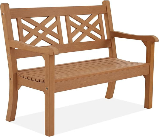 Psilvam 49''W All-Weather Poly Lumber Outdoor Bench – Grey, 2-Person Garden Bench with Decorative Backrest & Curved Armrests, Anti-Fade Patio Bench for Porch, Backyard, and Park(Teak Color)