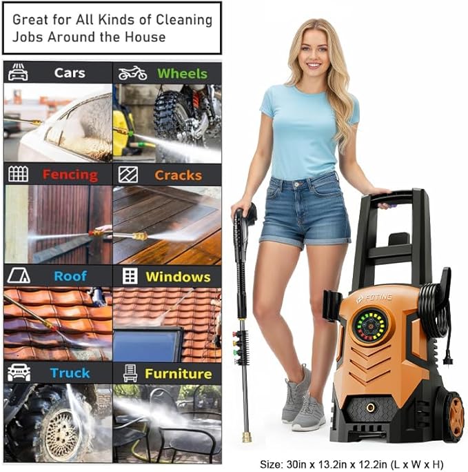 FOTING Pressure Washer with Adjustable Touch Screen 8 Level, 4 Quick Connect Nozzles,Inlet Hose&Filter&Foam Cannon for Cars/Fences/Driveways/Home Cleaning,Red