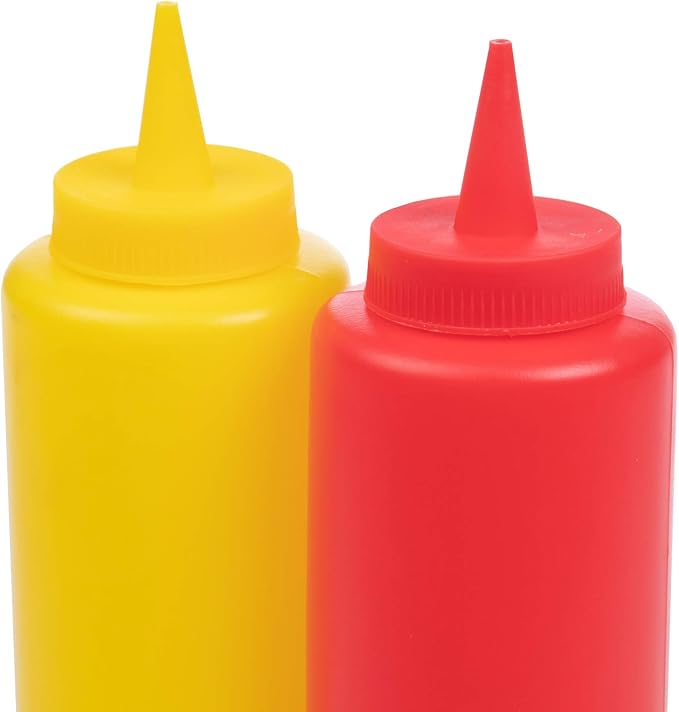 Ketchup and Mustard Squeeze Bottle Combo Pack | 2-pack 16-oz Red & Yellow Plastic Kitchen Table Condiment Squirt Dispensers | Restaurant Supplies for Food Truck, Grilling, Dressing, BBQ Sauce, Crafts