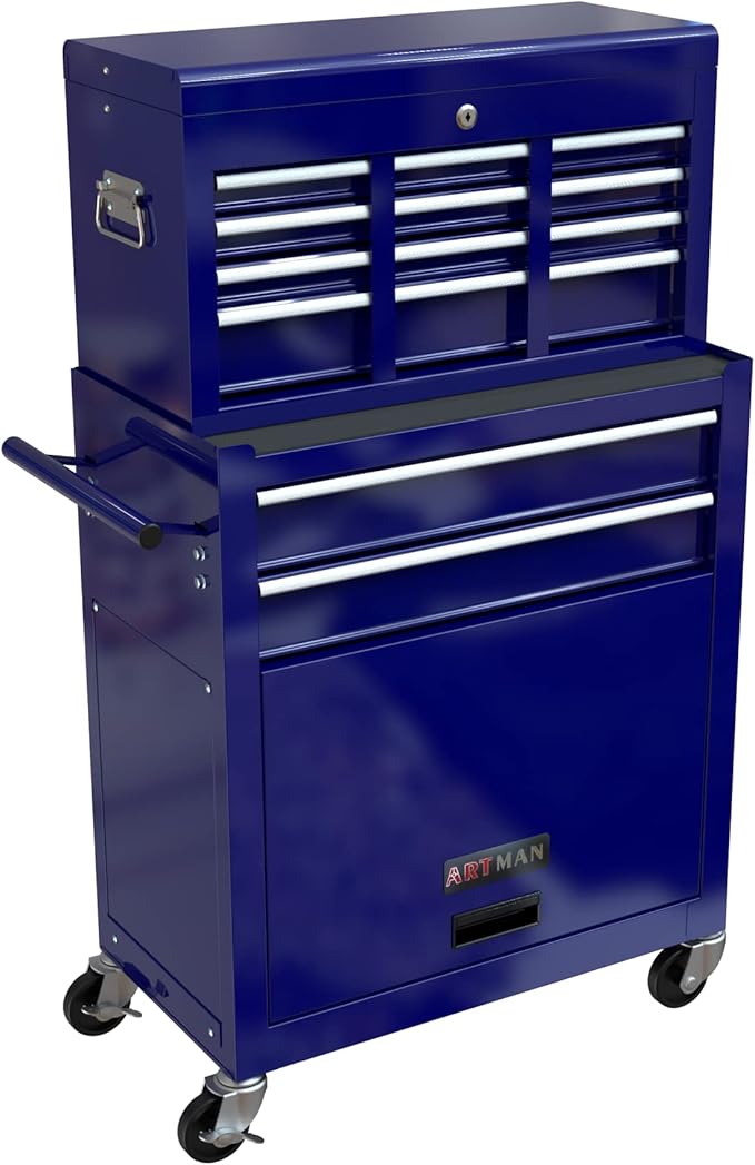 8 Drawers Rolling Tool Box Organizer,High Capacity Tool Chest with Wheels,Lockable Rolling Tool Chest with Bottom Cabinet, Tool Box Rolling Workshop Storage Cabinet (8 Drawers(Blue))