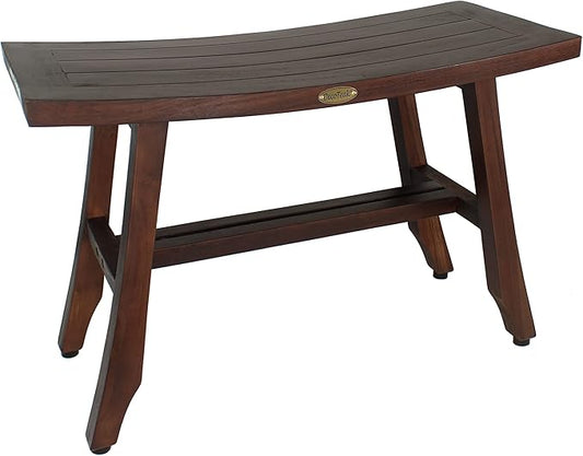 DecoTeak Teak Shower Bench – 28 Inch Waterproof Wooden Seat for Inside Shower Spa-Quality Shower Chair | Curved Seat for Adults | Non-Slip Feet | Large Storage Shelf