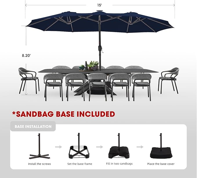 wikiwiki 15ft Large Patio Umbrellas with Base Included, Outdoor Double-Sided Umbrella with Crank Handle, Powerful UV Protective, for Pool Lawn Garden, Navy Blue
