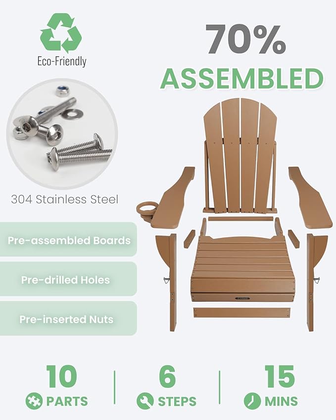 Ciokea Folding Adirondack Chair 4 Pack, Patio Adirondack Chair Weather Resistant, Plastic Fire Pit Chair with Cup Holder, Lawn Chair for Outdoor Porch Garden Backyard Deck (Teak)