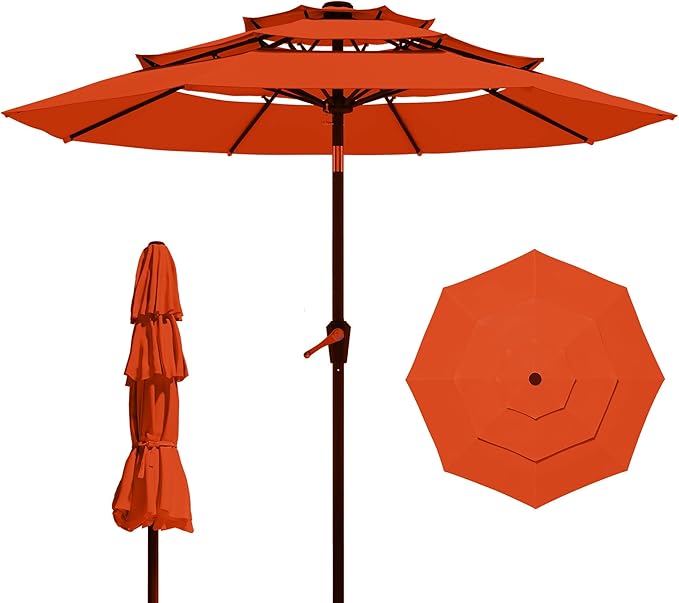 9FT 3 Tiers Patio Umbrella With Auto Tilt and Crank, Outdoor Table Market Umbrella with 8 Sturdy Ribs for Garden,Lawn,Deck,Backyard and Pool,Orange