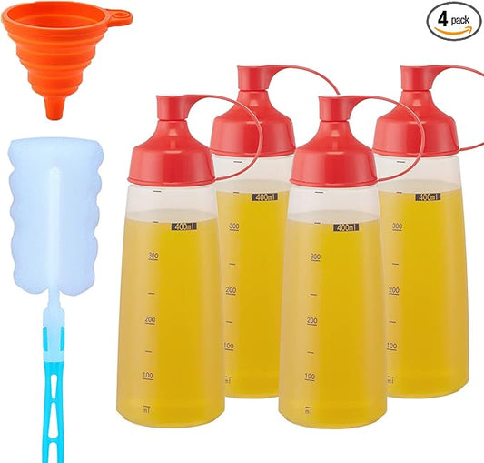 Condiment Squeeze Bottles for Sauces Pancake Batter Plastic - Wide Mouth Kitchen Ketchup Mustard Squirt Bottle Empty Dispenser for Icing Oil Salad Food Liquid for Griddle BBQ(4 PCS, 13 oz.)