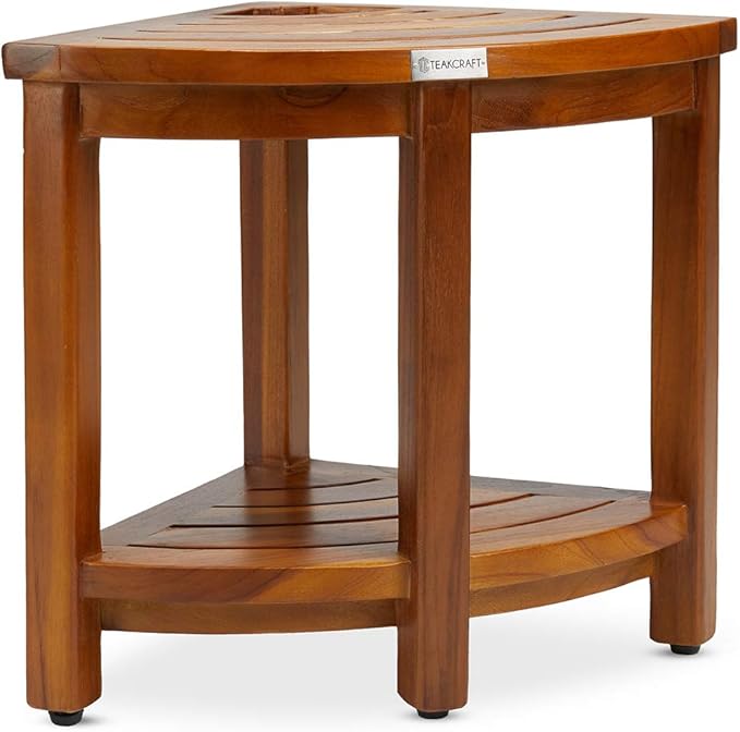 TeakCraft Teak Corner Bench with Shelf and Basket, Fully Assembled, 16 Inch, The Loki