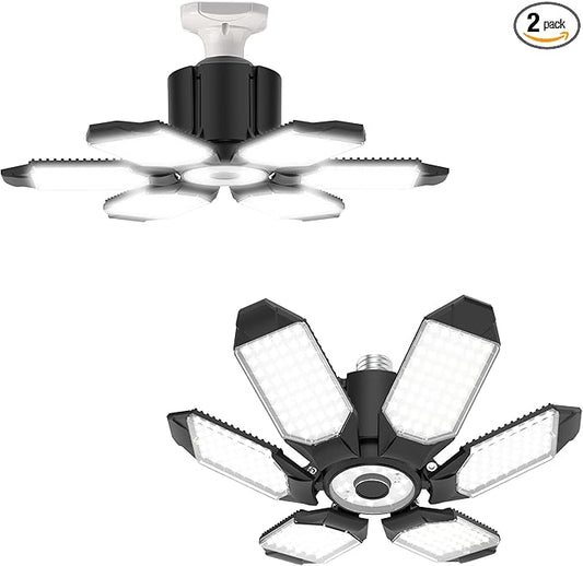 BRAINIAC 150W LED Garage Light Bulb with 6 Adjustable Panels, E26/E27 Screw in Shop Light Ceiling Light for Garage Workshop Barn - 2Pack