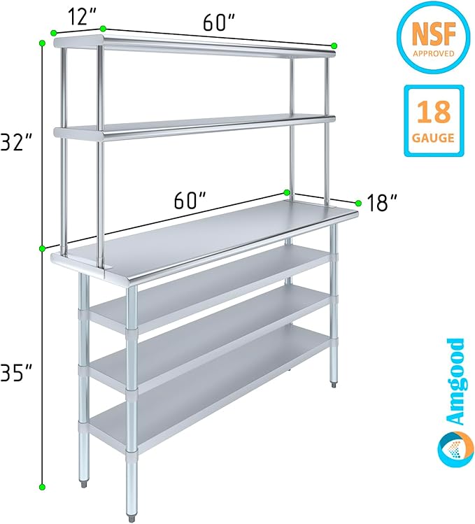 Amgood 18" x 60" Stainless Steel Work Table with 3 Shelves and 12" Wide Double Tier Overshelf | Metal Kitchen Prep Table & Shelving Combo | NSF