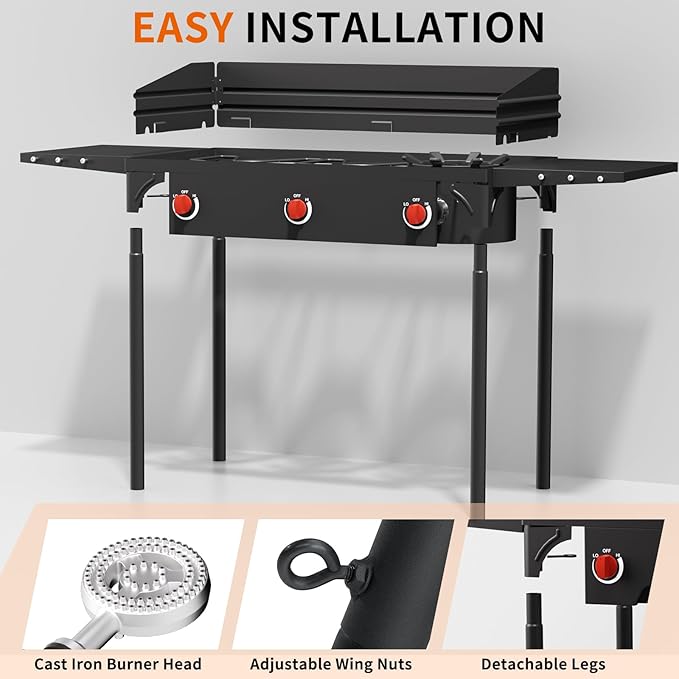 SKOK 3 Burners Propane Stove with Wind Panel &ide Shelves, Camping Propane Stove, Outdoor Stove