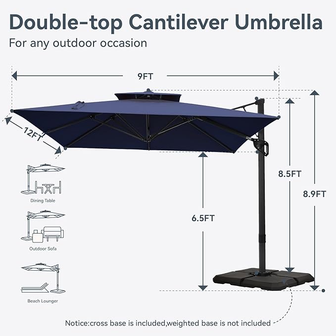 GREEN PARTY 12x9 ft Cantilever Patio Umbrella with Base Included, Rectangle Offset Outdoor Umbrellas with 360° Rotation, 5-Year-Non-Fading Hanging Pool Umbrella for Garden Deck Poolside - Navy Blue