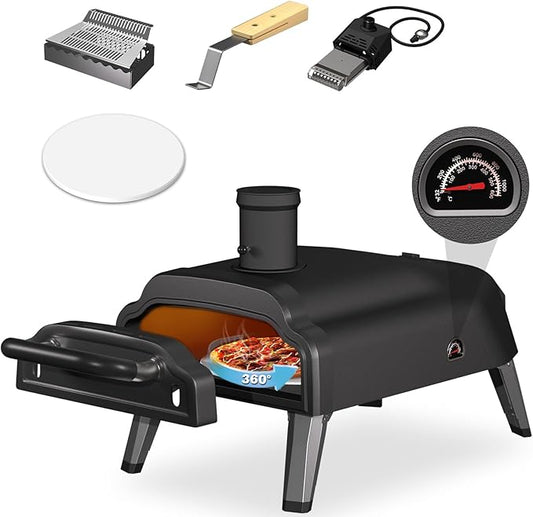Multi-Fuel Pizza Oven Outdoor,12" Wood Fire & Propane Pizza Oven, Portable Rotating Pellet Gas Pizza Maker for Grill with Thermometer,Dual Fuel Stainless Steel Pizza Maker for Backyard Camping