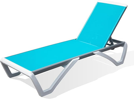 Domi Pool Lounge Chair Aluminum Adjustable Outdoor Chaise Lounge,All Weather Plastic Poolside Lounge Chair for Deck Lawn Backyard, Aqua Textilene