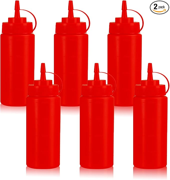 Squeeze Bottles for Sauces,Leak-Proof Condiment Dispenser, BPA-Free Kitchen Restaurant Squeeze Bottle Set with Wide Mouth for Ketchup, Mustard,Syrup,Dressings (Red, 6Pack-16oz(400ml))