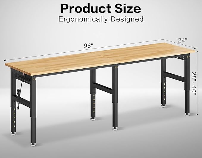 96” Heavy Duty Workbench, 5000 LBS Capacity Adjustable Work Bench with Pegboard and Power Outlet, Rubber Wood Work Table for Garage, Office, Workshop, Home