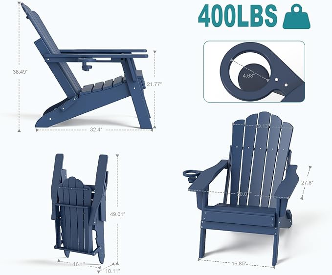 FOOWIN Adirondack Chair Set of 2, Folding Adirondack Chair with Cup Holder, HDPE All-Weather Fire Pit Chair for Patio, Garden, Backyard, Poolside, Navy Blue