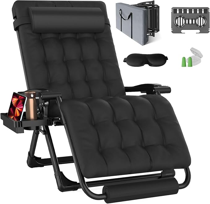 XXL Zero Gravity Lounge Chair 33", Oversized Padded Folding Recliner for Patio with Storage Bag, Removable Cushion, Footrest, Full Aluminum Lock & Large Cup Holder, Supports 500 lbs, Black