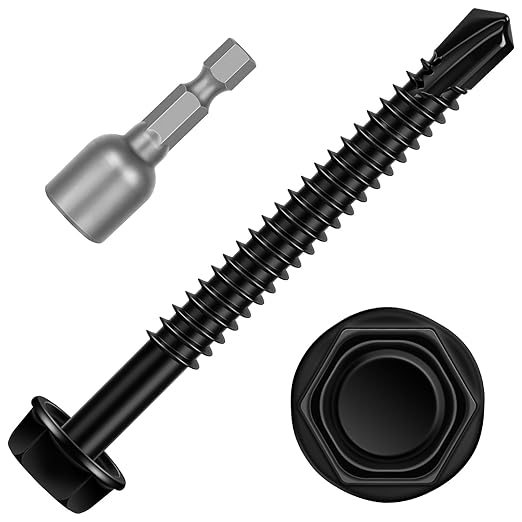 #12 x 2-3/4" Hex Washer Head Self Tapping Screws, TEK Screws, Self Drilling, Stainless Steel 410 Sheet Metal Screws, Black Finish, 25 PCS