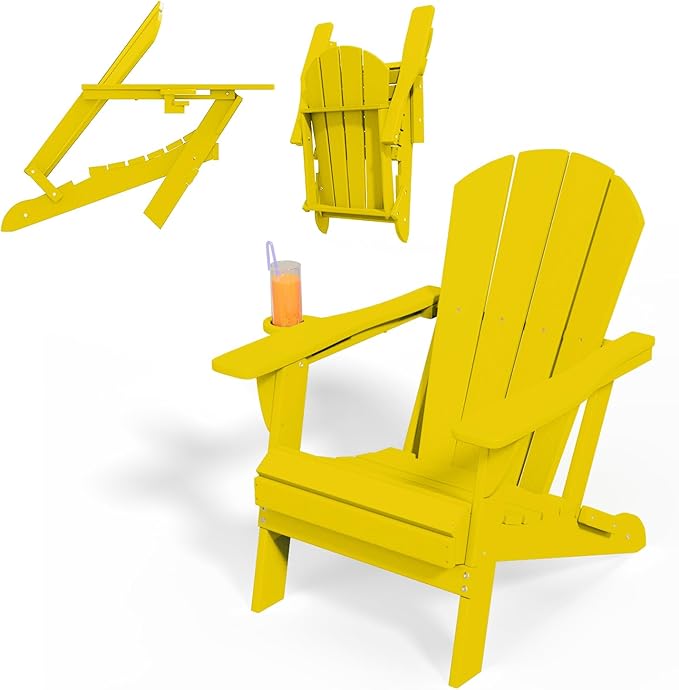 Folding Adirondack Chairs with Cup Holders, Set of 6 HDPE Plastic Outdoor Chairs, Weather Resistant, Real Wood Look, Heavy-Duty Patio Furniture for Deck, Fire Pit, Backyard, Yellow