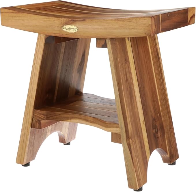 EcoDecors Teak Shower Bench with Shelf 18", 300 lb Capacity – Fully Assembled Waterproof Wood Spa Seating for Adults - Compact Fit for Small Bathrooms & Walk-in Showers - Slip-Resistant Feet