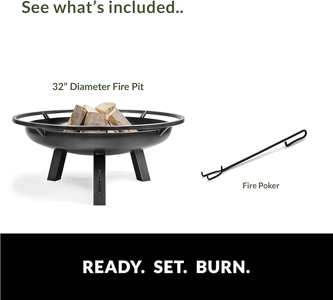 Ember 32" Handcrafted Large Fire Pit Wood Burning Fireplace for Backyard Grilling Campfire for Outdoor Cooking Camping, Large Outside Natural Steel Firepit by Good Directions