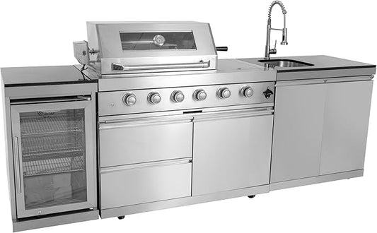 Outdoor Kitchen Island, 85 Inches 6-Burner 85000 BTU Stainless Steel Propane Gas Grill Combination With Refrigerator and Sink, Rotisserie Kit, Granite Countertops SC2402A Combo