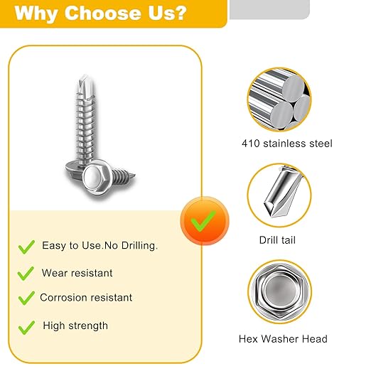 Self-Tapping Screws, 410 Stainless Steel, 125 PCS Assortment Kit with Driver, #10 1/2" 3/4" 1" 1-1/2", Hex Washer Head