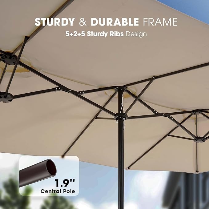 wikiwiki 15ft Large Patio Umbrellas with Base Included, Outdoor Double-Sided Umbrella with Crank Handle, Powerful UV Protective, for Pool Lawn Garden, Tan