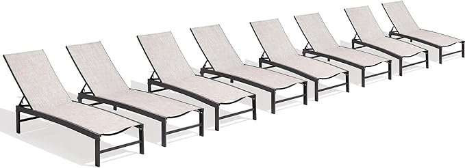 Chaise Lounge Chair, Set of 8 Outdoor Recliner Lounge Chair Sun Loungers, All Weather Chaise with 5 Adjustable Backrest and Lay Flat Positions for Garden, Balcony, Pool, Earth