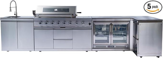 157-Inch 6-Burner 96000 BTU Propane Gas Outdoor Kitchen Island - Stainless Steel Grill with Wine Cooler, Rotisserie, Granite Countertops, Storage Cabinets & Drawers, Silver
