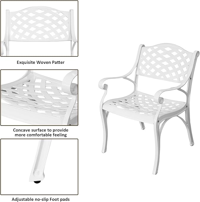 3 Piece Cast Aluminum Bistro Set With Umbrella Hole, Outdoor Patio Furniture With Adjustable Foot Cap, Metal Table and 2 Chairs for Garden, White