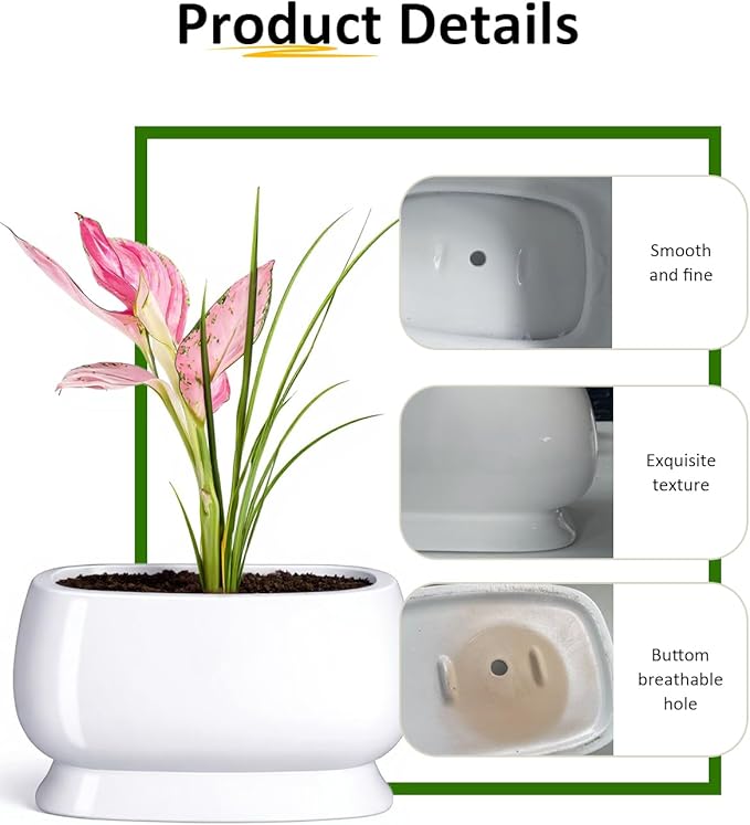 OXART Ceramic Plant pots Indoor Pots Set with Drainage Holes, 12+9 inch Flower Pot Rectangle Planters Pots for Plants for Plants Lilies, Cacti, Succulents, and Pothos, No Trays (White-3)