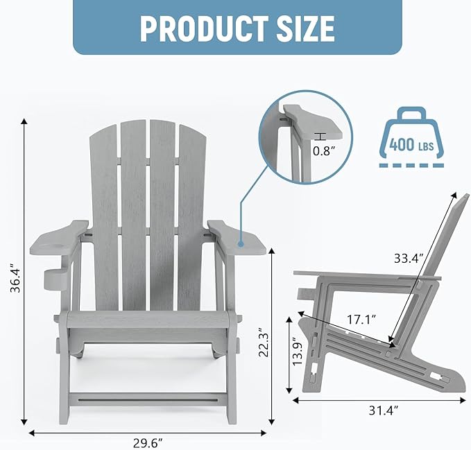 Adirondack Chair, HDPE Plastic Adirondack Chairs, All Weather Fire Pit Chairs with Cup Holder, Outdoor Lawn Chair for Patio, Garden, Backyard, Grey