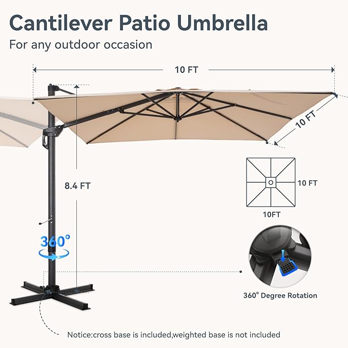 GREEN PARTY 10x10 ft Cantilever Patio Umbrella, Rectangle Offset Outdoor Umbrellas with 360° Rotation, 5-Year-Non-Fading Hanging Pool Umbrella for Garden Deck Poolside - Beige