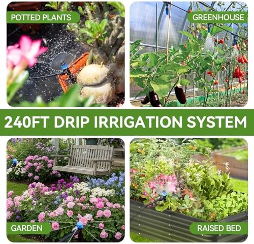 Inntop 240FT Drip Irrigation System Kits, Quick Connect Automatic Garden Watering System for Raised Bed, Potted Plants, Lawn, Greenhouse with 1/2 inch Hose 1/4 inch Tubing and Accessories