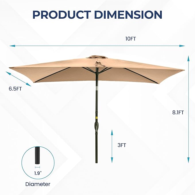 SUNVIVI OUTDOOR Patio Umbrella, Rectangular Patio Umbrella, Metal Pole Square Outdoor Umbrella with Crank and Push Button Tilt, Large Outdoor Umbrella with Polyester Canopy